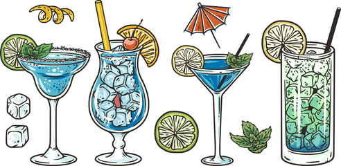 Wall Mural - Set of blue lagoon cocktails with lime and ice for vector design of bar menu. Blue alcochol cocktails with vodka and likier for drink party