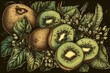 Illustration of kiwi fruit and leaves on a black background created with Generative AI technology