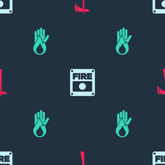 Poster - Set Firefighter axe, alarm system and No fire on seamless pattern. Vector