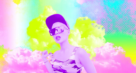 Poster - Contemporary digital collage art. Modern trippy design. Stylish girl,and abstract sky creative background