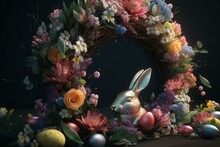 A Decorated Wreath With Bunnies, Flowers, And Easter Eggs. Generative Ai
