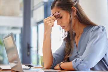 Poster - Stress, problem and business woman with headache, anxiety or workload pressure in office. Burnout, pain and financial advisor suffering migraine, ache or anxious while checking tax documents deadline