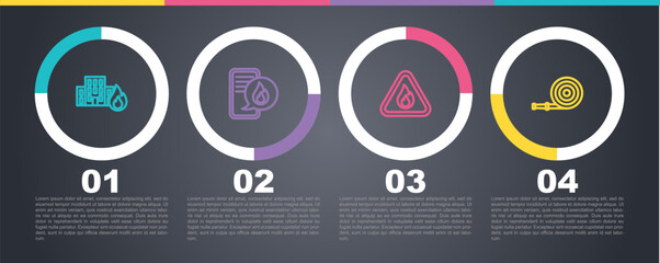 Poster - Set line Fire in burning buildings, Phone with emergency call 911, flame triangle and hose reel. Business infographic template. Vector