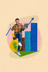 Wall Mural - Painted picture 3d collage artwork image of overjoyed positive man celebrate bitcoin rate rise grow up increasing improvement economy