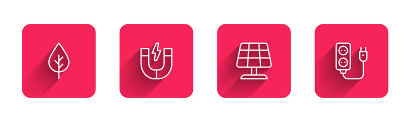 Sticker - Set line Leaf Eco symbol, Magnet, Solar energy panel and Electric extension with long shadow. Red square button. Vector