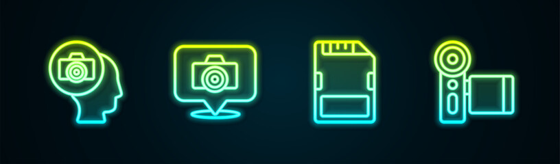 Wall Mural - Set line Photo camera, SD card and Cinema. Glowing neon icon. Vector