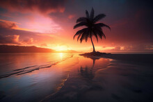 A Desktop Wallpaper Of A Vibrant And Surreal Sunset Over A Beach With A Lone Palm Tree In The Foreground - Generative AI