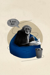 Canvas Print - Creative template graphics collage image of relaxing funny monkey relaxing bean bag drinking coffee isolated drawing background