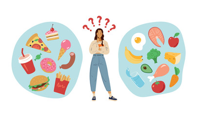 Wall Mural - The concept of choosing between healthy eating and fast food. A young girl makes chooses a diet, sweet and fatty food versus natural organic foods. Colored flat vector illustration isolated on white