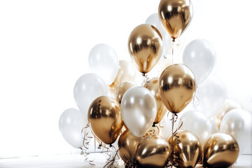 Gold and white balloon on white background with copy space. generative ai.