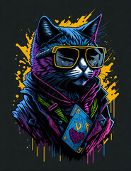  Colorful graffiti illustration of a cool cat wearing sunglasses. Highly detailed generated by AI