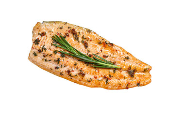 Wall Mural - Baked trout fillet on a cutting board.  Isolated, transparent background.