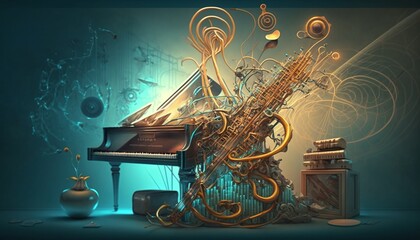 Wall Mural - Melody of Color with a Close-up of a Multi-Tonal Grand Piano with Harmonious Waves of Music Generated by AI