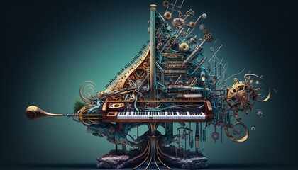 Wall Mural - Melody of Color with a Close-up of a Multi-Tonal Grand Piano with Harmonious Waves of Music Generated by AI