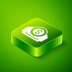 Canvas Print - Isometric Cinema ticket icon isolated on green background. Green square button. Vector