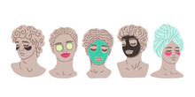 Set Of Five Antique Statues With A Face Mask And A Green Face Mask. Mythical, Ancient Greek Style. Hand Drawn Vector.