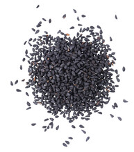 Black Cumin Seeds Isolated On White Background. Heap Of Black Nigella Seeds. Nigella Sativa. Top View.