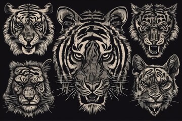 Poster - Illustration of multiple tiger heads against a black background created with Generative AI technology