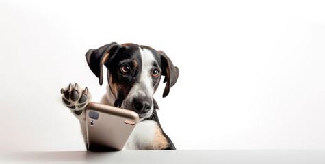 Dog using a smartphone. Generative AI