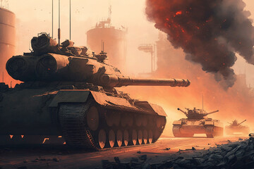 Army tank in the field of battle,Concept of war. AI Generative.