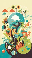 Celebrate Earth Day with a captivating hand-drawn illustration featuring a colorful planet and environmental symbols. Boasting soft colors, bold outlines, and cel shading in a cartoon style.