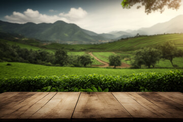 empty wooden table in front of tea plantation background