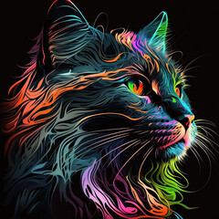  illustration of a cat, colorful, vibrant, abstract, black background, neon, generated by generative ai