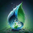 World water day concept. Water drop in nature green leaves abstract background. Generative AI