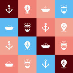 Sticker - Set pop art Anchor, Location with anchor, Folded paper boat and Captain of ship icon. Vector