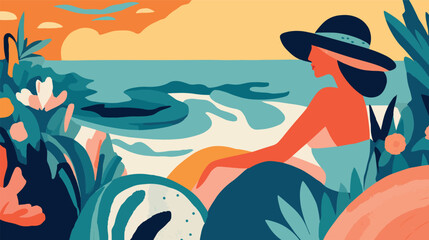 Abstract art summer beach  background vector. Modern shape line art wallpaper.