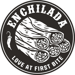 Wall Mural - Mexican enchilada vector food with meat and rolled tortilla. Mexico logo or emblem of traditional enchilada or latin food.