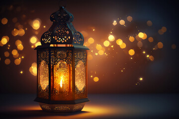 Wall Mural - Lantern with a candle inside on a dark background, flickering light, luminescence, glowing lights, islamic wallpaper, ramadan background generated ai