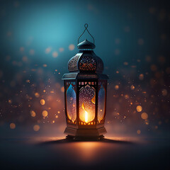 Wall Mural - Lantern with a candle inside on a dark background, flickering light, luminescence, glowing lights, islamic wallpaper, ramadan background generated ai