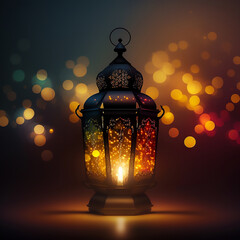 Wall Mural - Lantern with a candle inside on a dark background, flickering light, luminescence, glowing lights, islamic wallpaper, ramadan background generated ai