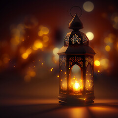 Wall Mural - Lantern with a candle inside on a dark background, flickering light, luminescence, glowing lights, islamic wallpaper, ramadan background generated ai