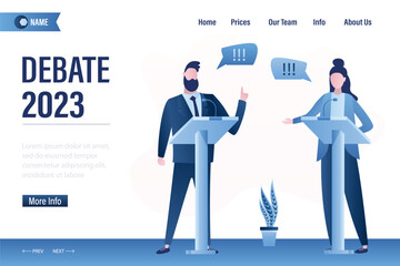 Wall Mural - Debate 2023 before vote, landing page template. Leaders of opposing political parties talking on public debates. Two politicians debate on rostrum. Gender equality. Election campaign