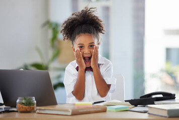 Surprised, business and portrait of child in office for corporate, playing and comic. Shocked, laptop and professional with young girl screaming at desk for modern, executive and formal in workplace