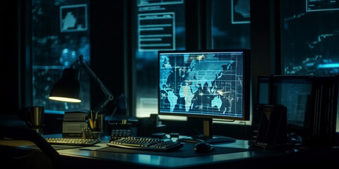 A digital computer with a map in a modern monitoring office. AI generated