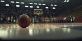 Fototapeta Sport - Basketball ball close-up on a blurred background of the arena. Basketball on a wooden field. Generative AI