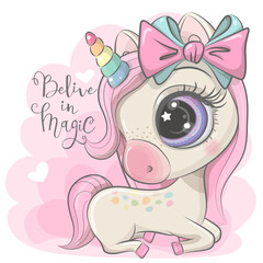 Wall Mural - cartoon unicorn with a pink mane