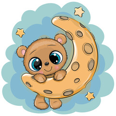 Wall Mural - Cartoon brown Teddy Bear on the moon