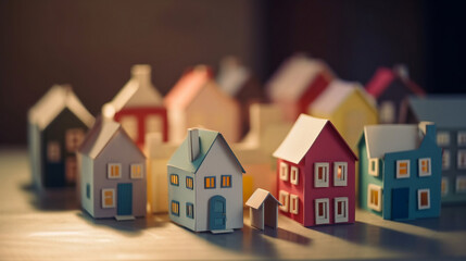 cute paper art of tiny minimalist houses area using a tilt-shift lens. real estate communication. generative AI illustration.