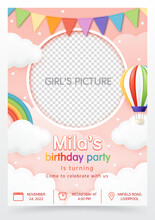 3D Vector With Hot Air Balloon And A Rainbow Birthday Invitation Card For Children, Baby Shower, Birthday Greeting Card, Baby And Kid Birthday Party, Social Media, Website. It's A Girl.