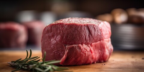 Raw piece of pork with a sprig of rosemary on wood table. Meat tenderloin waiting to be cooked. Generative AI