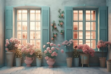 Windows With Shutters And Roses In Pots. AI Generative.