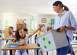 © Nina/peopleimages.com - Teacher, recycle bin and girl in classroom throwing trash for cleaning, climate change or eco friendly in school. Recycling plastic, learning and education with happy student or kid in kindergarten.