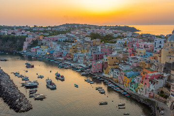 Wall Mural - Sunset view of Marina di Corricella at Italian island Procida