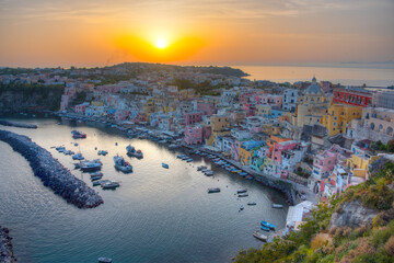 Wall Mural - Sunset view of Marina di Corricella at Italian island Procida