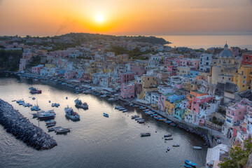 Wall Mural - Sunset view of Marina di Corricella at Italian island Procida