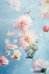 Wall Mural - Underwater creative love concept of fresh Spring flowers in blue water background. Love is in the water, Generative AI.